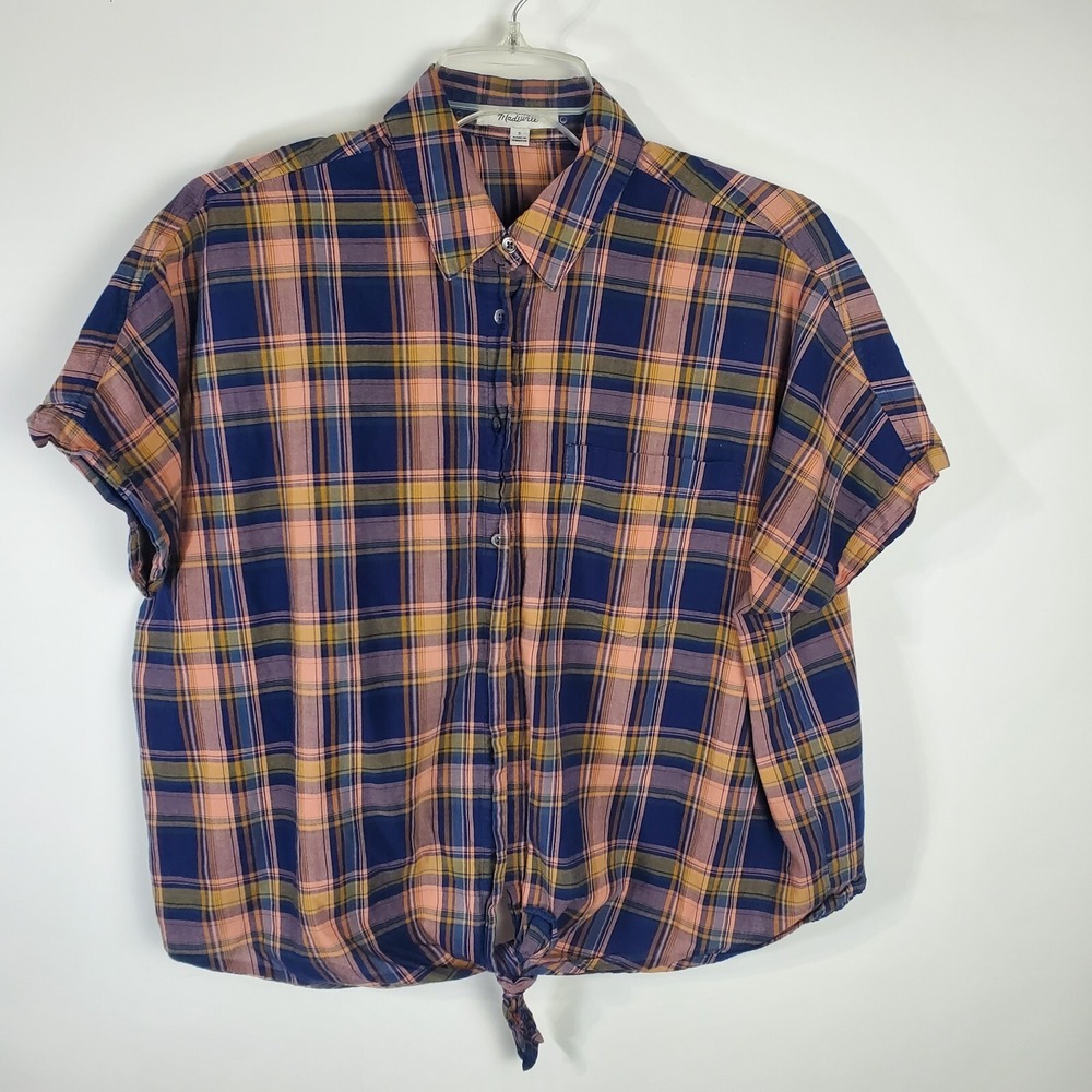 Madewell Top Womens Small Blue Orange Plaid Shirt Knot Twist Front Short Sleeve